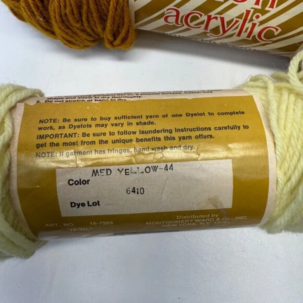 Montgomery Ward Orlon Acrylic Yarn 4-Ply Orange 54,‎ Gold 49, Med Yellow 44